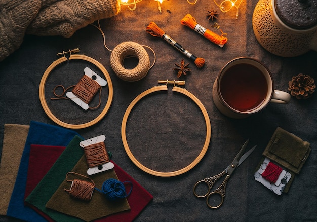 Set de materiale pentru broderie: ațe, cerc, ace